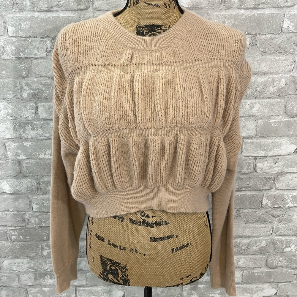 Dreamers by Debut Tan Ruffled Cropped Sweater